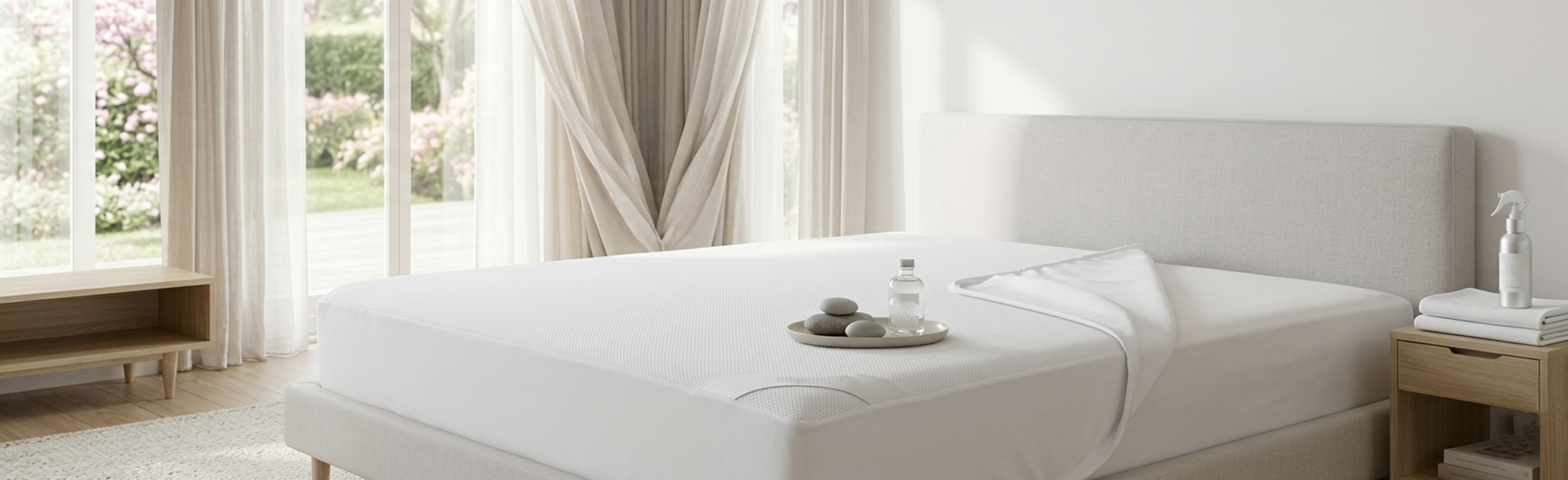 clean bed with breathable mattress protector and fresh bedding